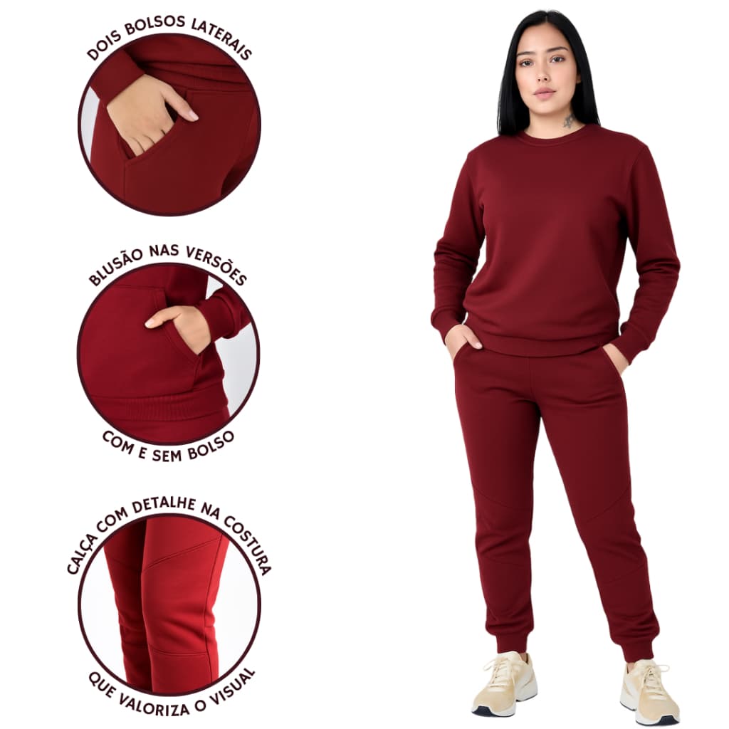 Kit Conjunto Moletom Feminino Blusa e Calça Flanelada Com e Sem Bolso