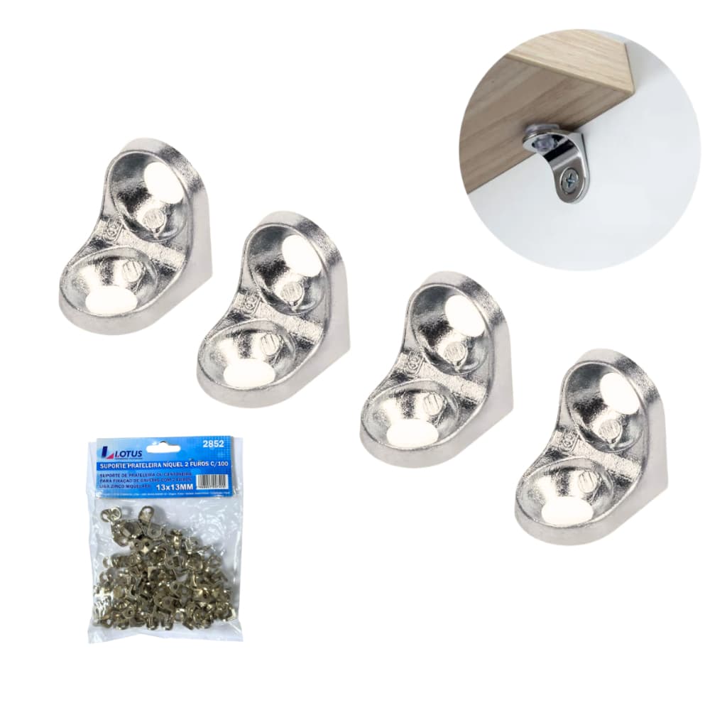 Kit 100 Cantoneira Cadeirinha 13x13mm 2 Furos Suporte prateleira Zinco Niquelado