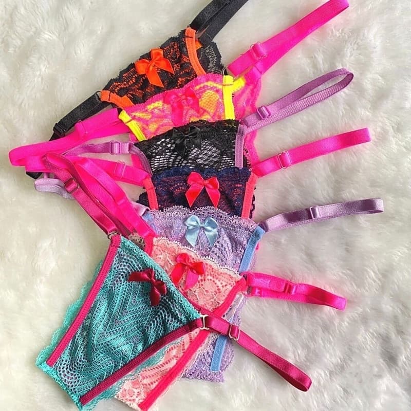 Kit com 10 Calcinhas Fio Dental em Renda Sensual e Regulagem - Tanga Fio Marriete - VR008