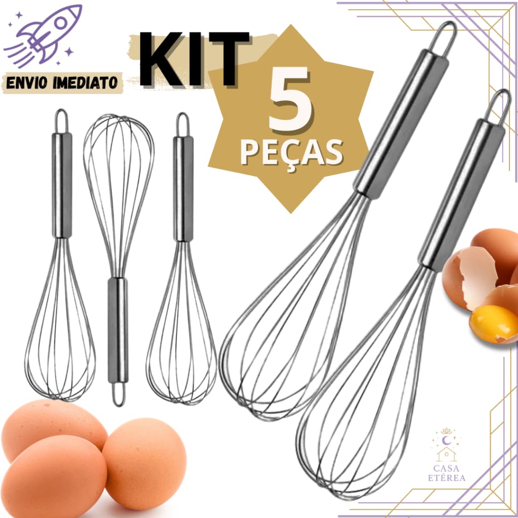 KIT 5/3/2/1 Batedor de Ovos de Inox 30 cm para Cozinhar e Confeitar para Cozinha de Casa, Restaurante e Padaria