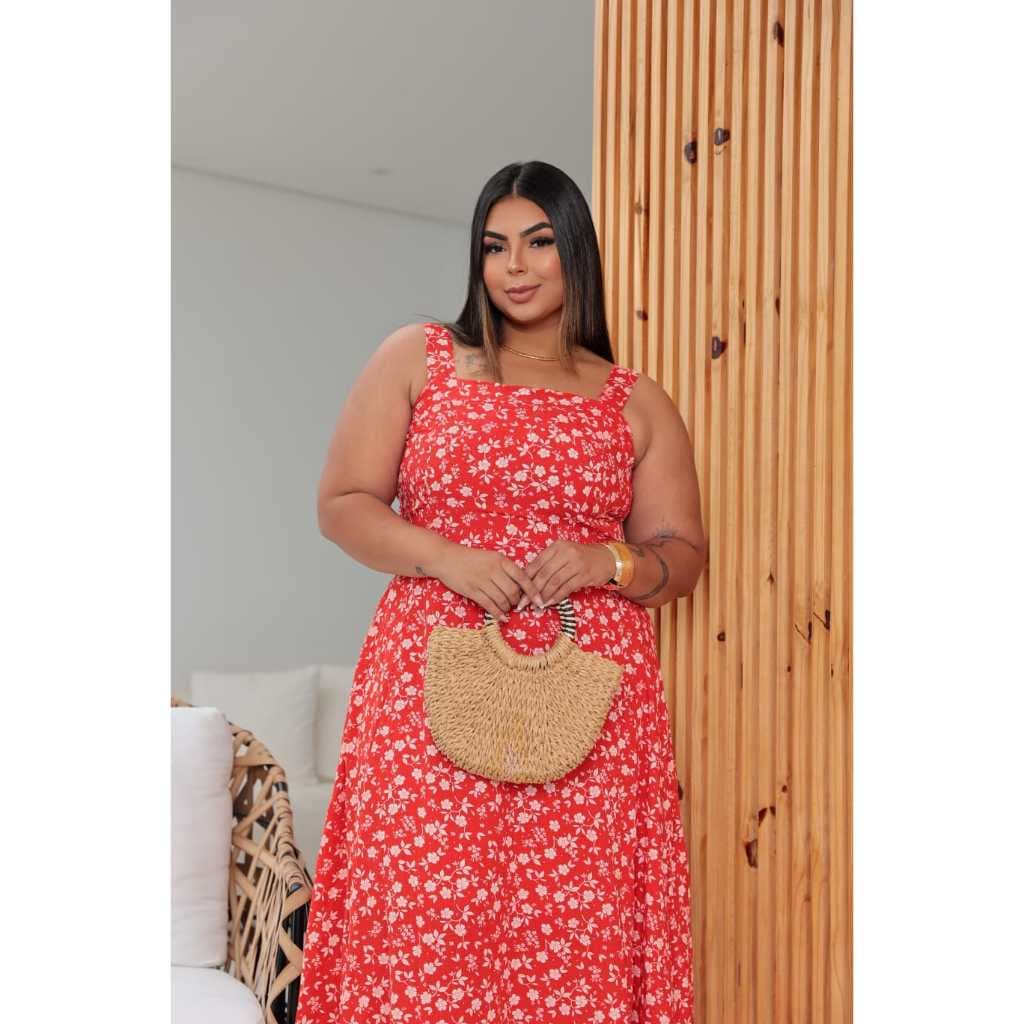Vestido Feminino Plus Size Longuete em um estilo elegante em Viscolinho com Alças grosa