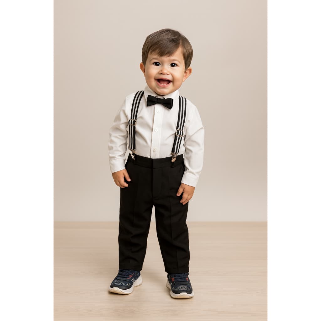 Roupa Social Bebe Conjunto Kit 4 Peças Calça+Camisa+Suspensório+Gravata Borboleta