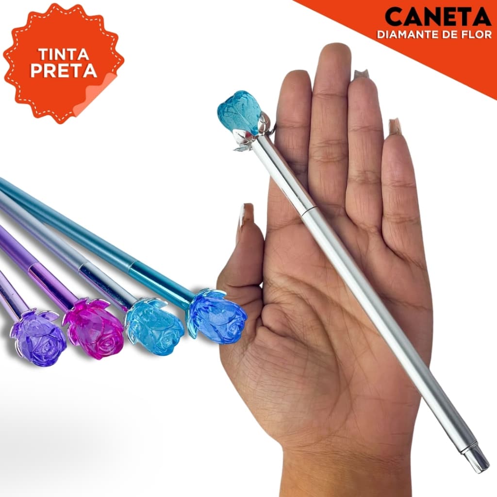 Caneta Esferográfica Ponta Fina com Flor Decorativa | Tinta Preta | Para Presentes e Uso Diário - SH