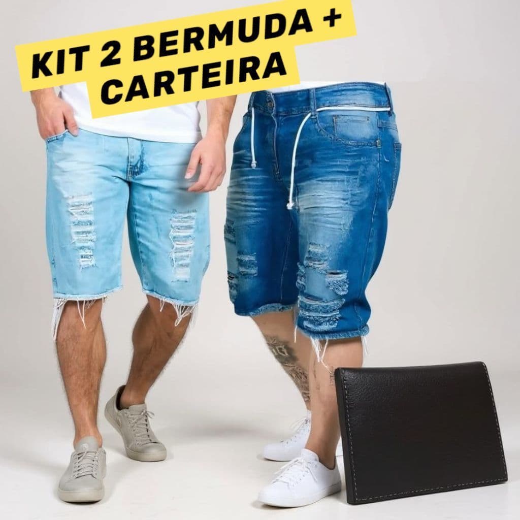 Kit 2 Bermuda Masculina jeans lycra Slim Premium + carteira masculina