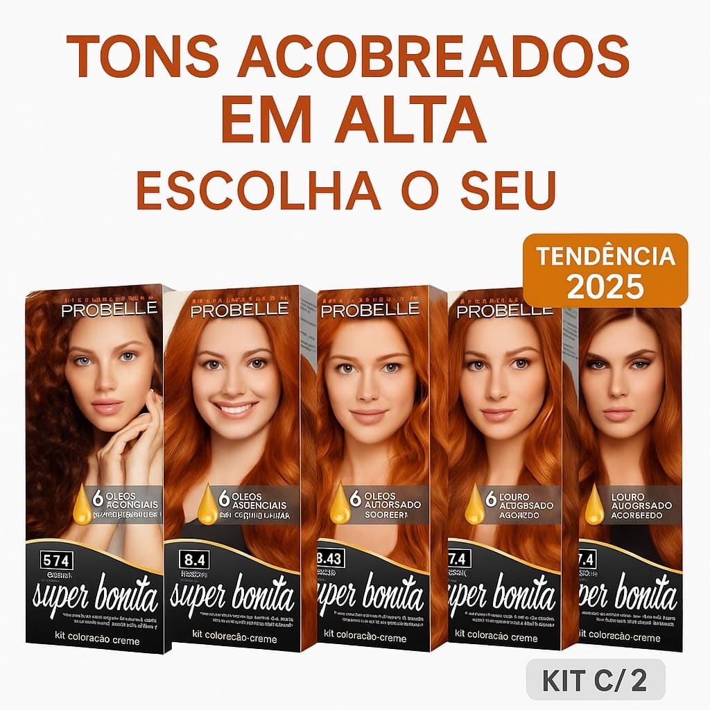 Kit c/ 2 Tintas Probelle Super Bonita Tons Acobreado Coloraçâo Creme 50g
