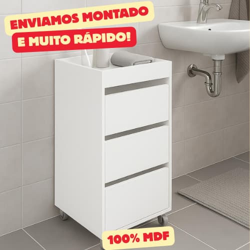 Armário MDF Gaveteiro Branco, Preto, Madeirado com Gavetas Rodinhas– Ideal para Banheiro Lavanderia