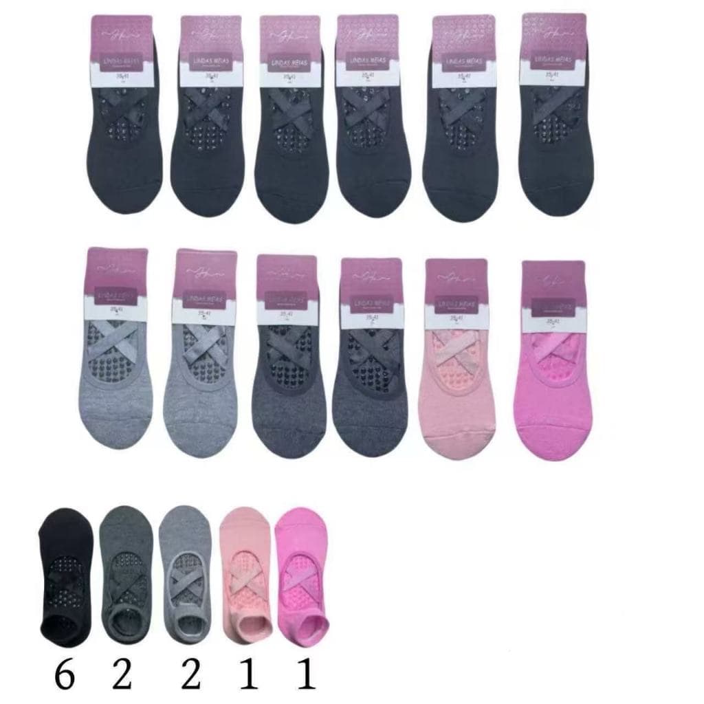 KIT 12 PARES Meia Sapatilha Yoga Antiderrapante Pilates Fitness YOGA Cor Lisa