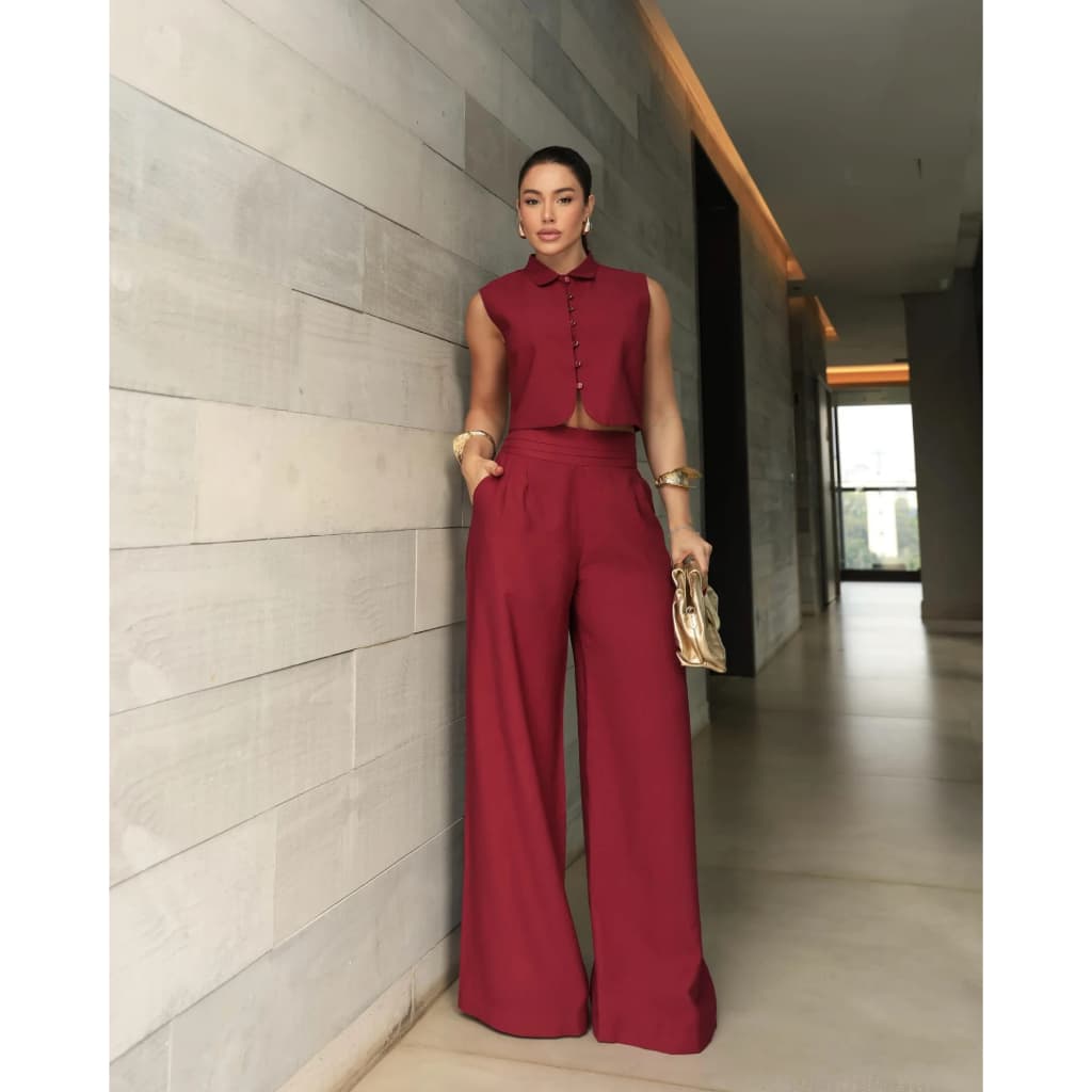 YAN FASHION Conjunto Alfaiataria Feminina Colete Sem Manga e Calça  Pantalona Elegante