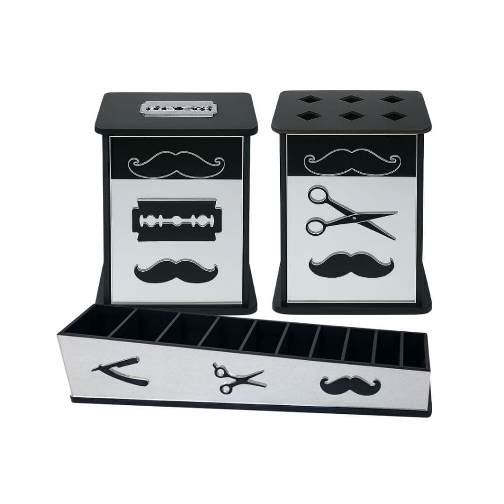 Kit Barbearia Descarte Laminas Suporte Tesouras e Porta Pentes MDF Espelhado