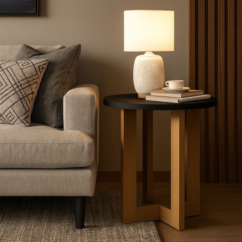 Mesa Lateral Redonda Apoio Canto Sofá com Pés de Madeira MDF Retro Porta Objetos Decoração