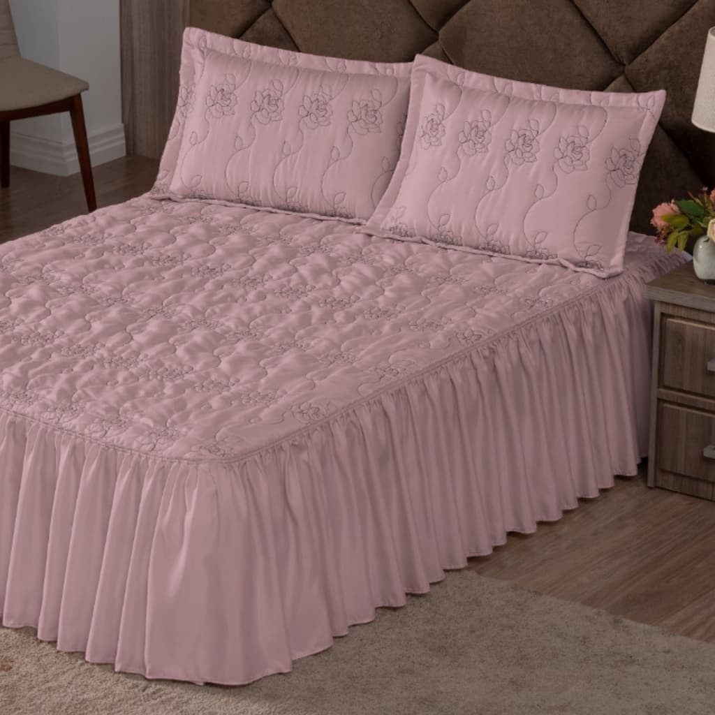 Colcha cobre leito casal 03 peças bordado com babado coxa promoção