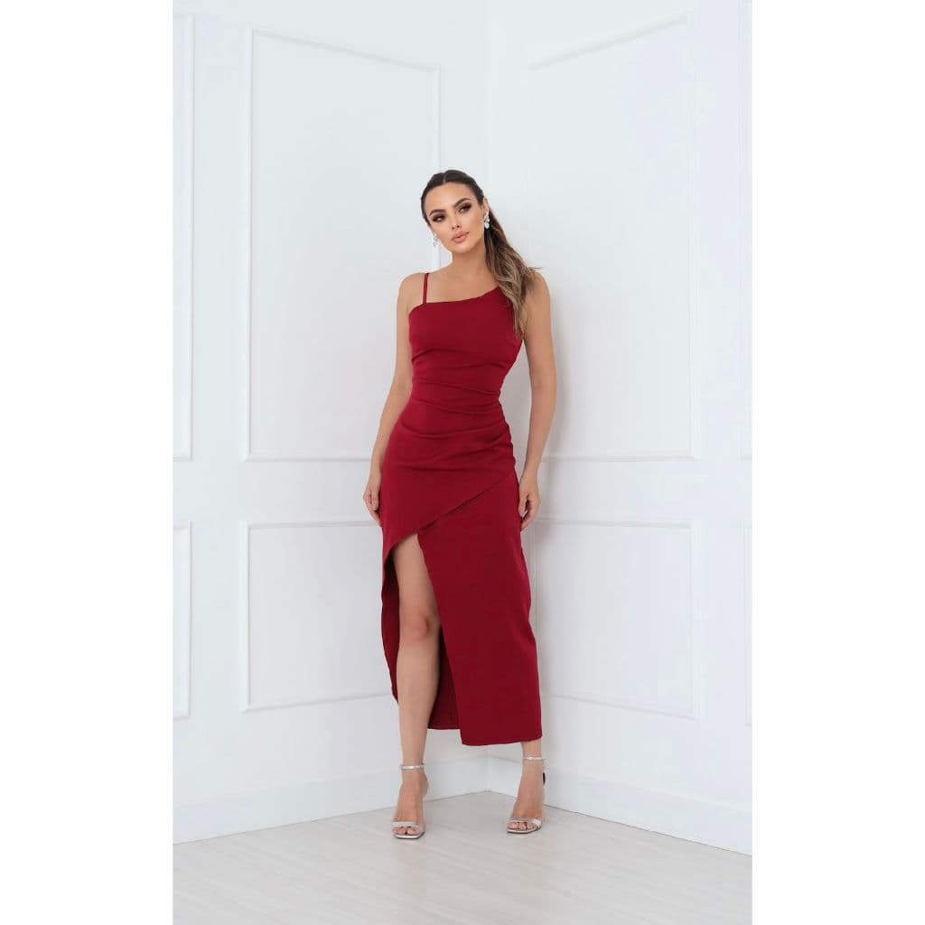 YAN FASHION | Vestido Alfaiataria Feminino Midi com fenda de Alta Costura – Alça Fina Elegante para Eventos Sofisticados