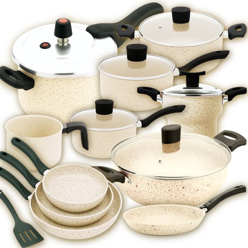 Jogo de Panelas 12p Antiaderente Bege c/ Pressão 4,5L + Frigideiras + Cuscuzeira + Caneco