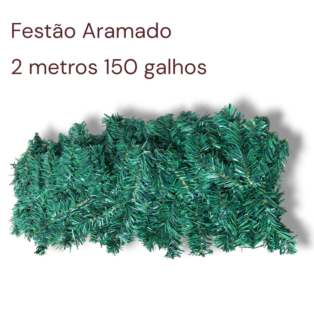 Festão Aramado 2 Metros Decoração Natalina Arvore de Natal Flexível Verde 150 Galhos