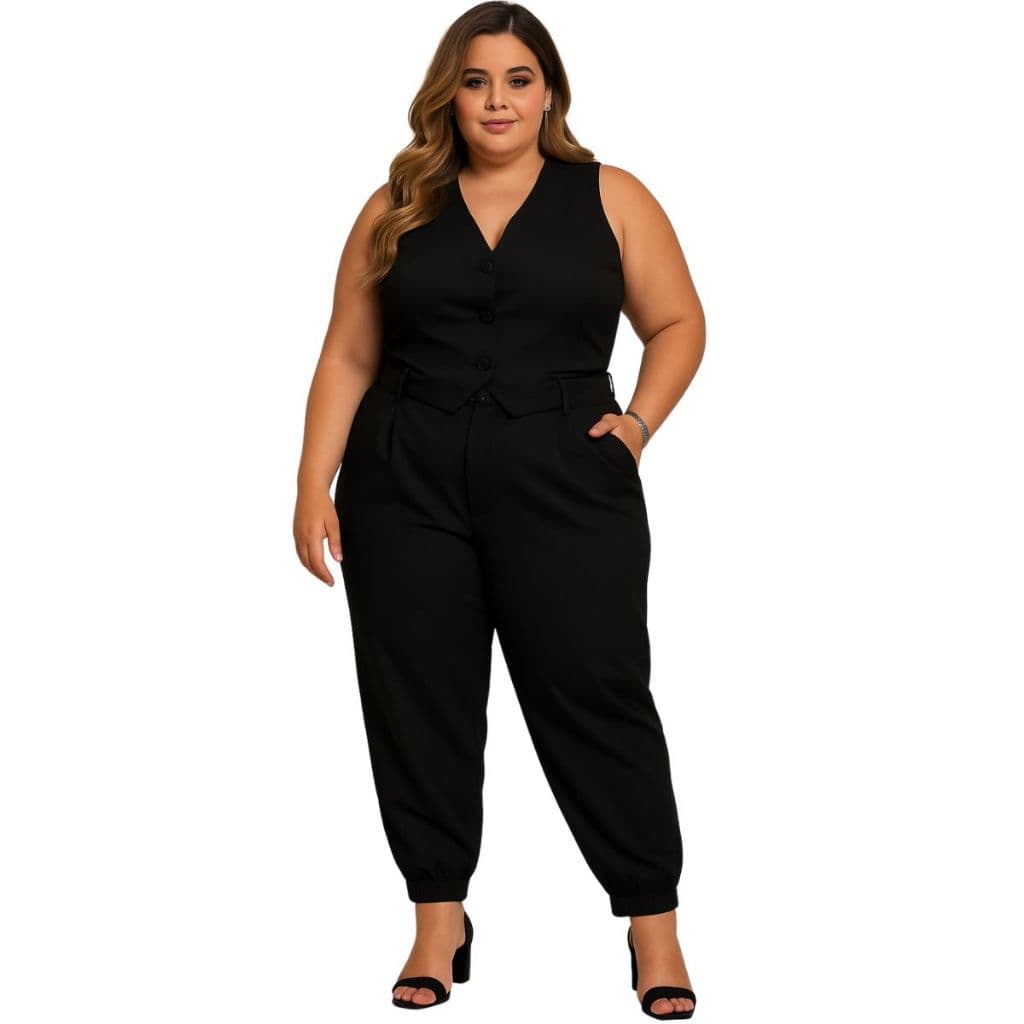 Calça Feminina Plus Size Look Feminino Casual Social + Colete Corselet Gola V Conjunto Alfaiataria