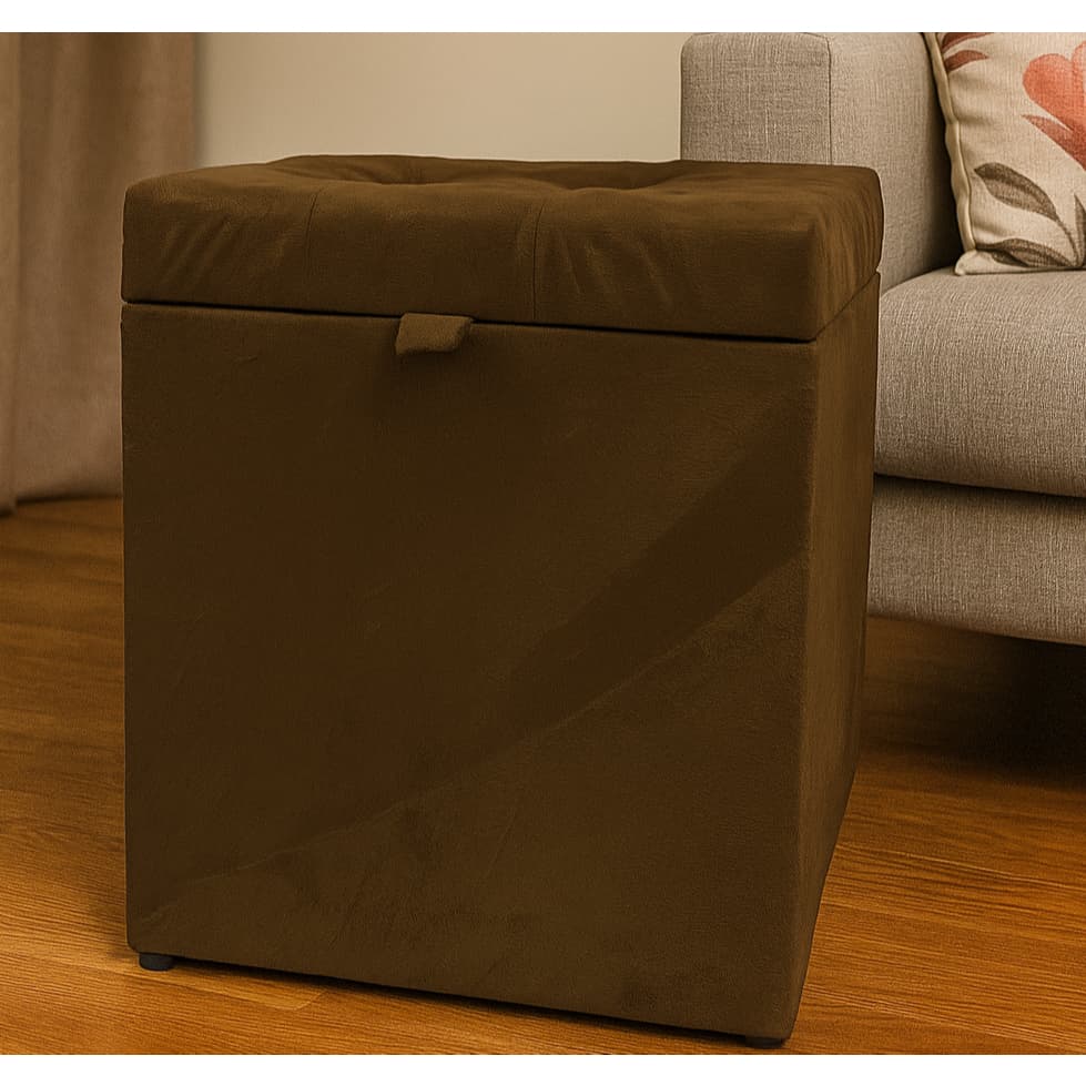 Puff Baú Estofado em Suede Decorativo Quadrado 100% MDF - Marrom