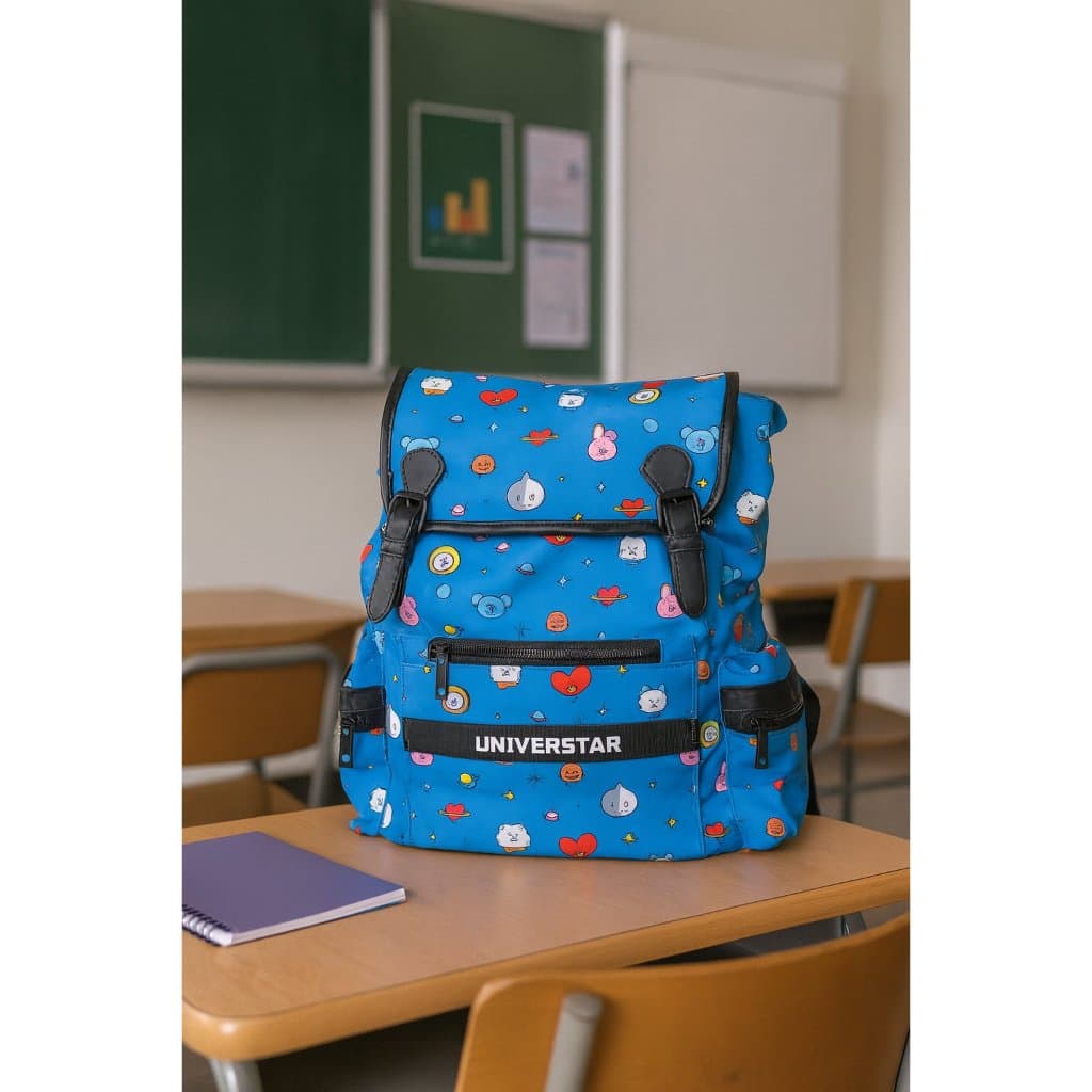 Mochila Infantil Personagens BT21 - Azul Fechamento Tipo Saco Mochila Escolar BTS