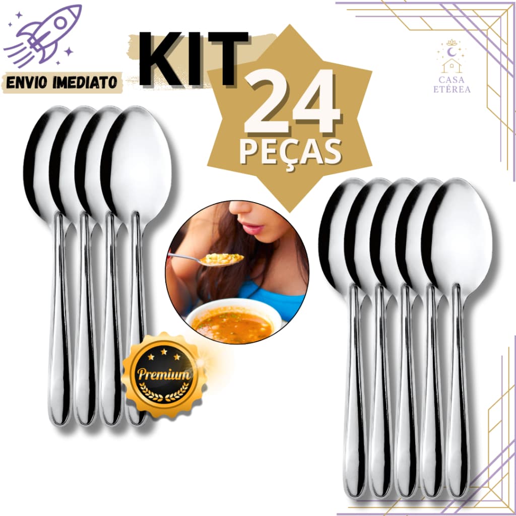 KIT 24 Colheres de Mesa Inox Talheres Premium para Uso Diário para Cozinha de Casa Restaurante  Buffet