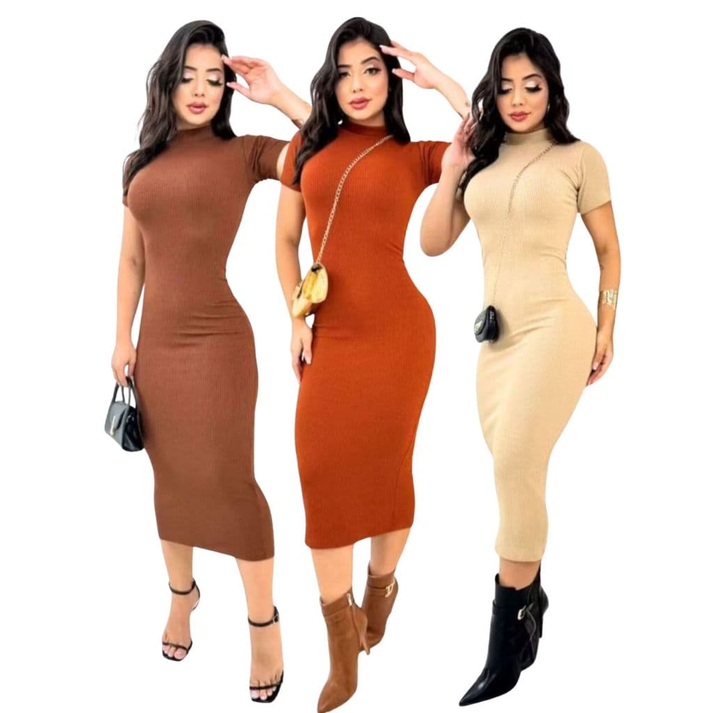 Kit 3 Vestido Feminino Midi Canelado com Manga Elegância e Ousadia em Uma Peça
