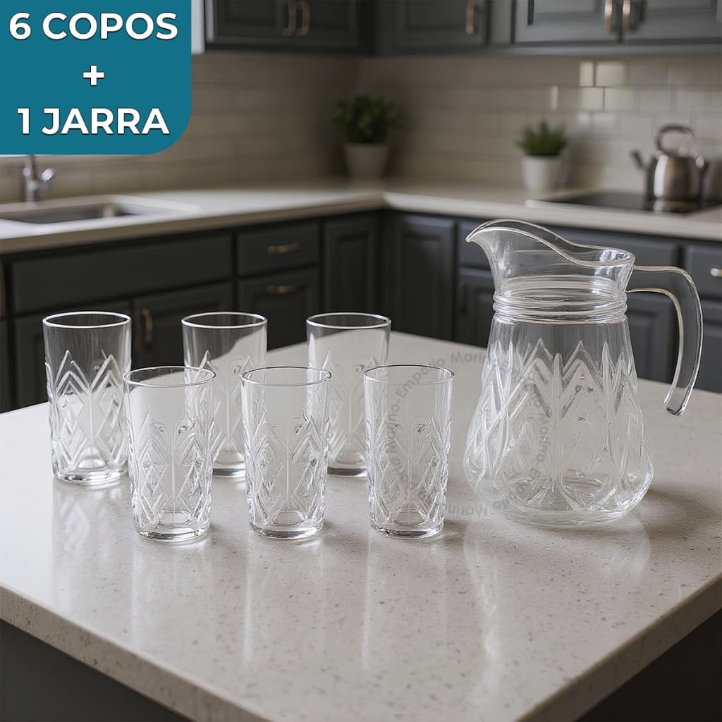 Kit 7 Peças 6 Copos 250ml + Jarra 1L Vidro Samantha Para Suco Água Bico Drinks Chá Transparente Luxo