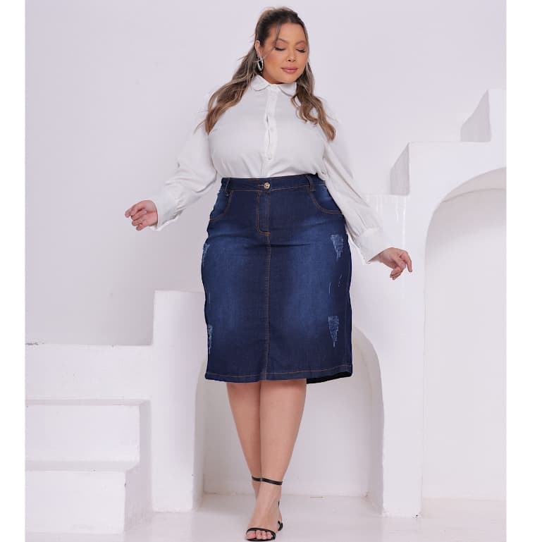 Saia Jeans Plus Size Moda Evangélica Modesta Elegante | Distraída