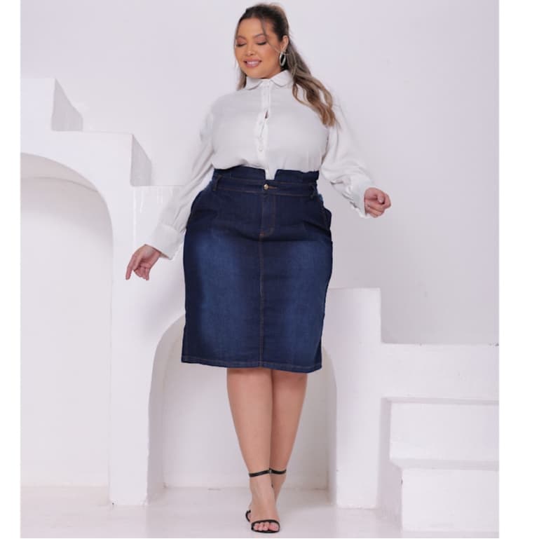 Saia Jeans Plus Size Evangélica Babado Cintura Modesta Elegante | Distraída