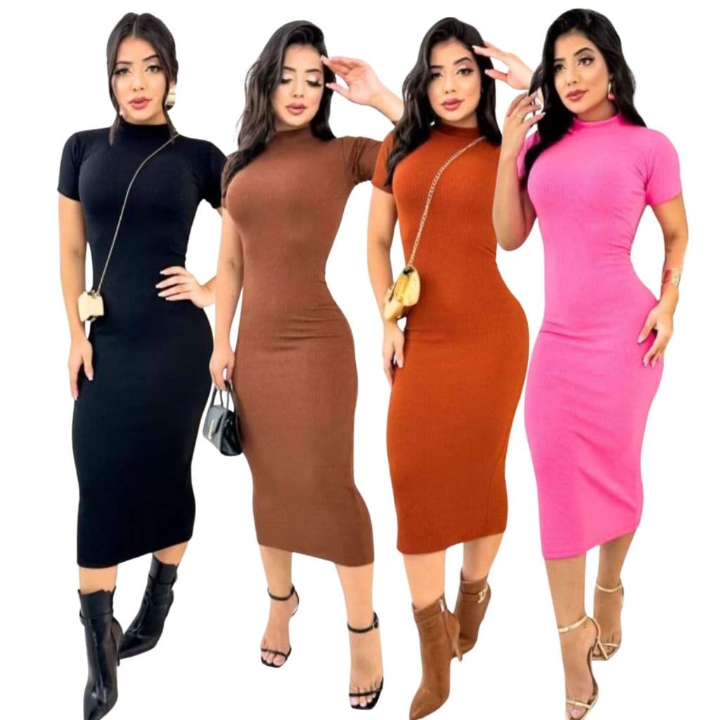 Kit 4 Vestido Feminino Midi Canelado com Manga Elegância e Ousadia em Uma Peça