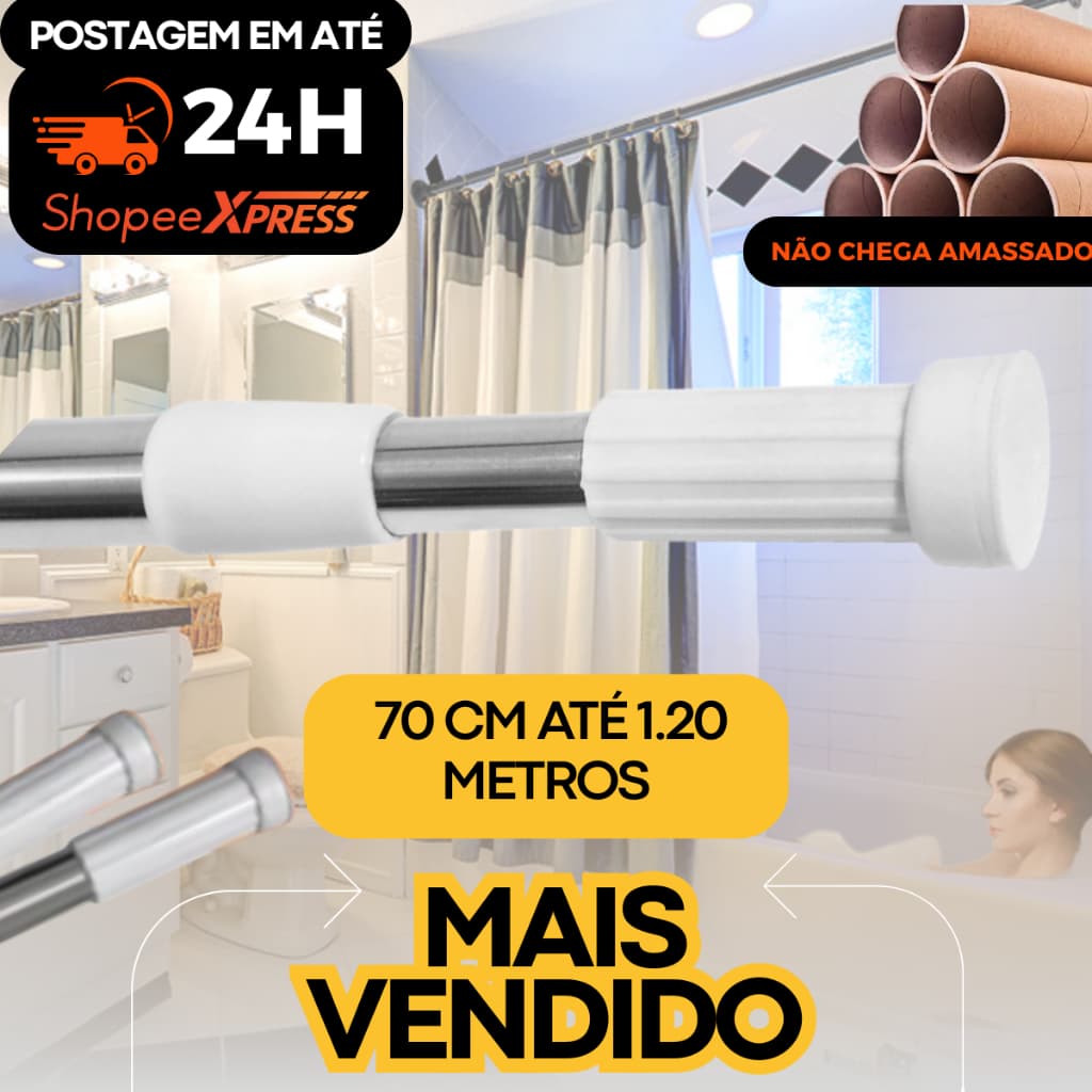 Tubo Bastão Varão Regulável Extensível Barra Pressão cortina Box Suporte Extensor 70cm até 1,20cm