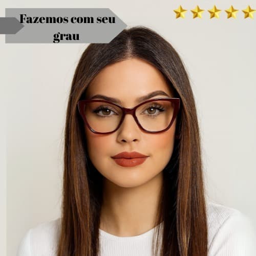 Óculos Completo Armação Acetato Feminino Gatinho Vinho Com Lentes Em Anti Reflexo Com Seu Grau