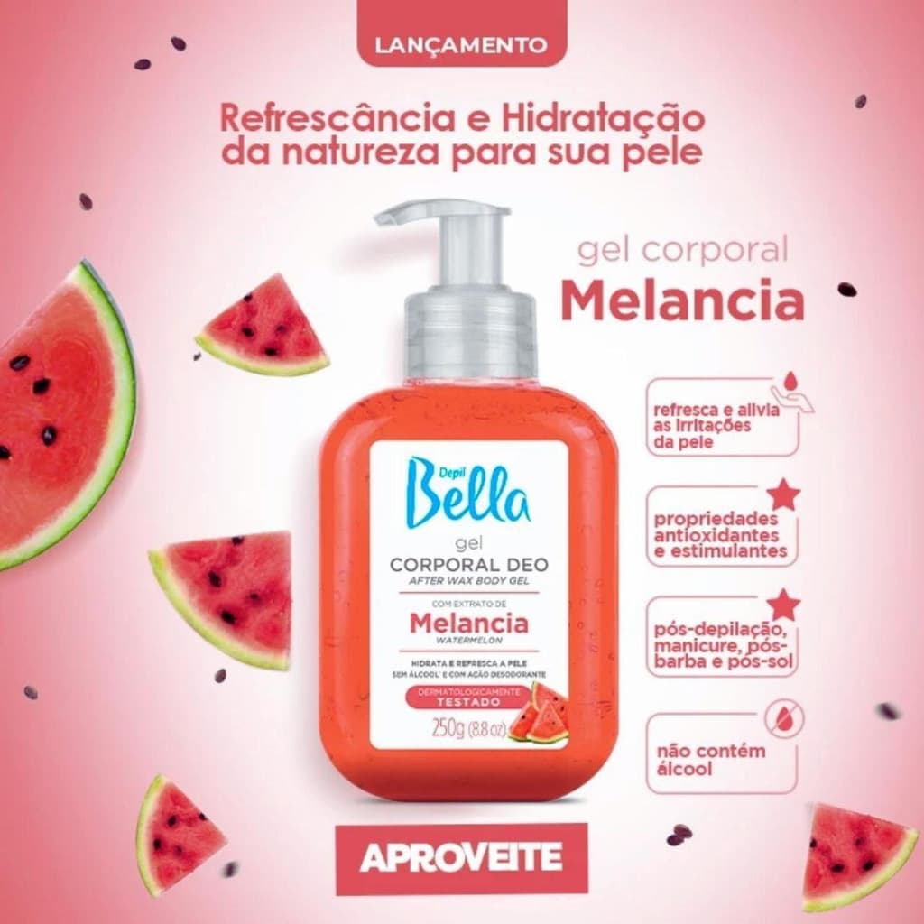 Gel Calmante Melancia Depilação Pós-Sol Antioxidante Neutralizador de Henna Sem Alcool Depil Bella