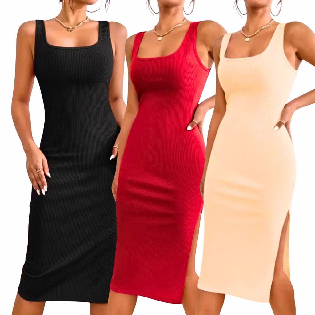 Kit 3 Vestido Feminino Midi Canelado Casual Gringa Tubinho com Fenda Lateral