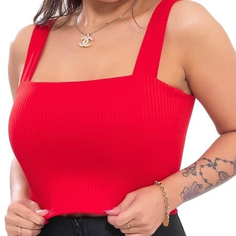 Cropped Alça Grossa com Forro Canelado Liso Moda Feminina Basico Verão