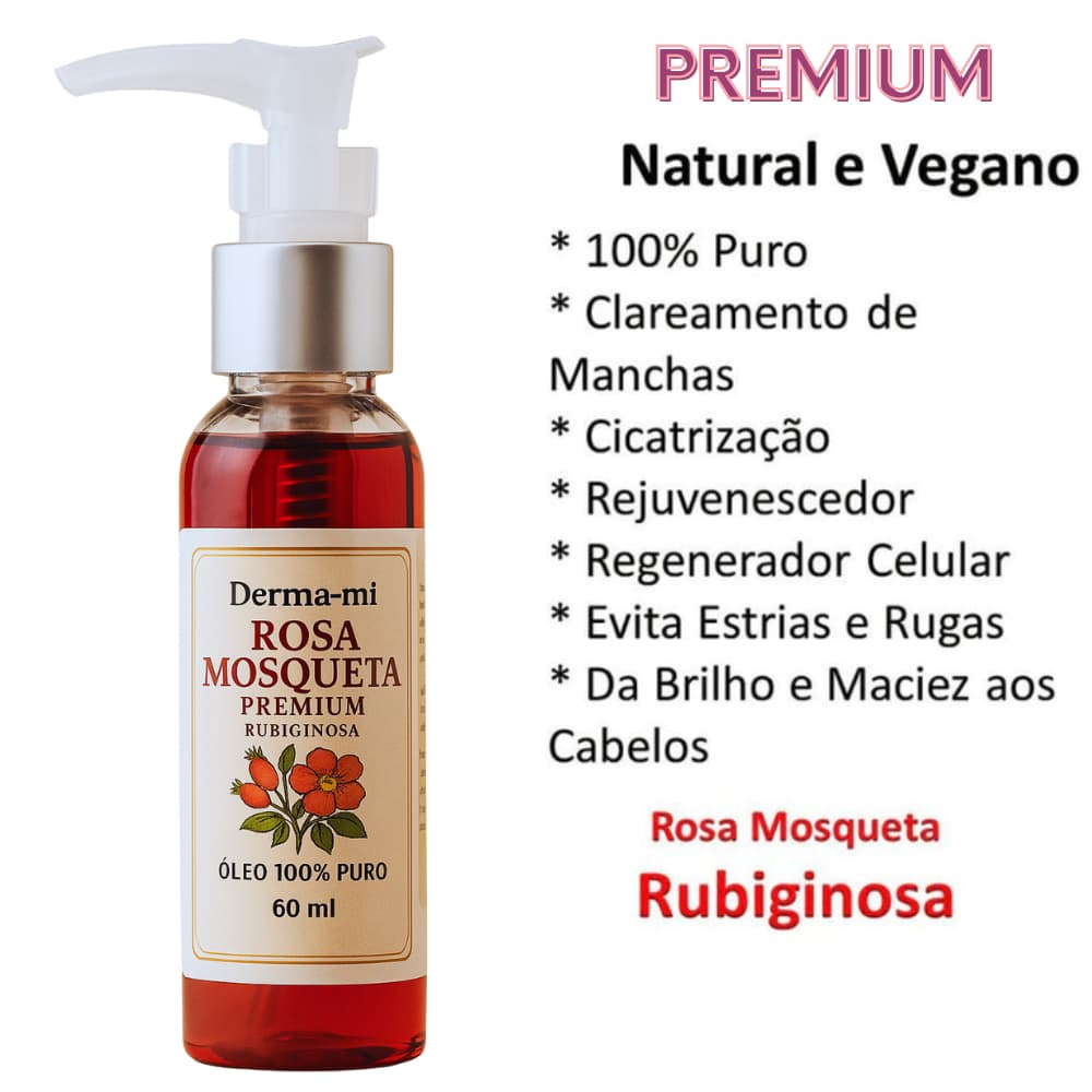 Óleo de Rosa Mosqueta Premium Rubiginosa 60ml – 100% Puro e Natural | Hidrata, Clareia Manchas e Rejuvenesce a Pele