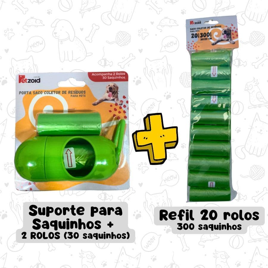 Kit Suporte Cata Caca Saquinhos Higiênicos para Cachorros, Cães, Pets, Gatos + Refil 300 Saquinhos