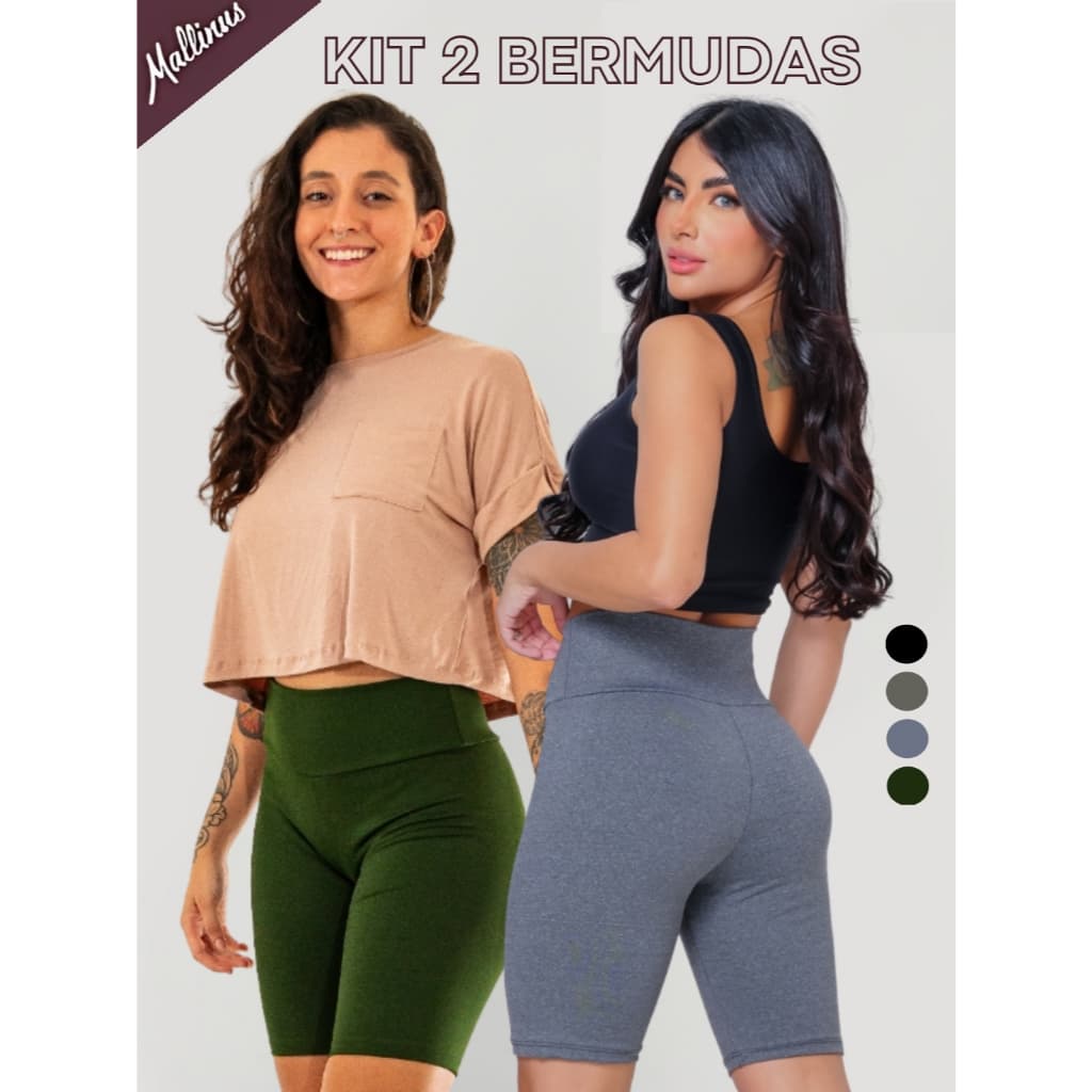Kit 2 Bermuda Legging Feminino Suplex Cintura Alta Casual Academia Yoga Ciclismo Zero Transparência
