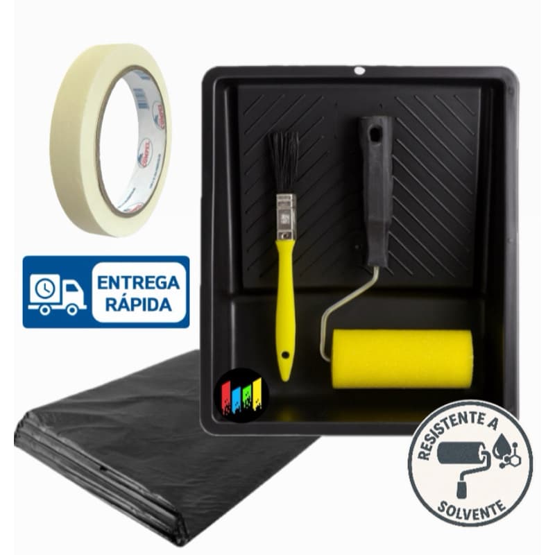 Kit Pintura Rolo de Espuma 9cm C/ Suporte, Trincha 12mm e Bandeja Pequena - Desenroll