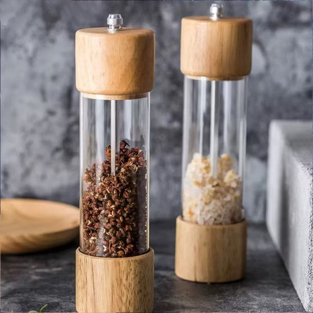 Moedor Manual Cilíndrico De Sal Pimenta Temperos Especiarias em Madeira e Acrílico