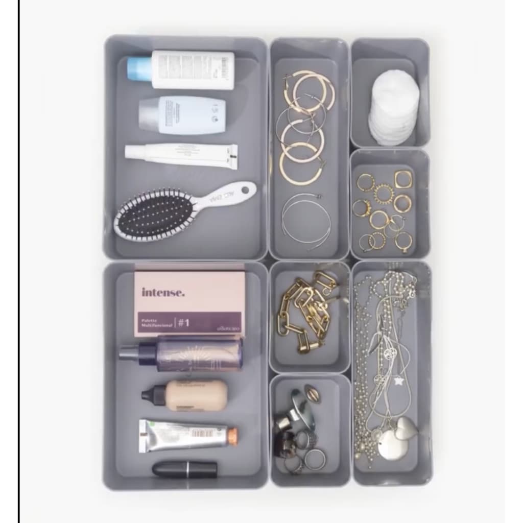 Organizador de Gaveta DUP Cinza Kit c/ 8 - Porta Jóias, Talheres, Maquiagem, Bandeja Organizadora