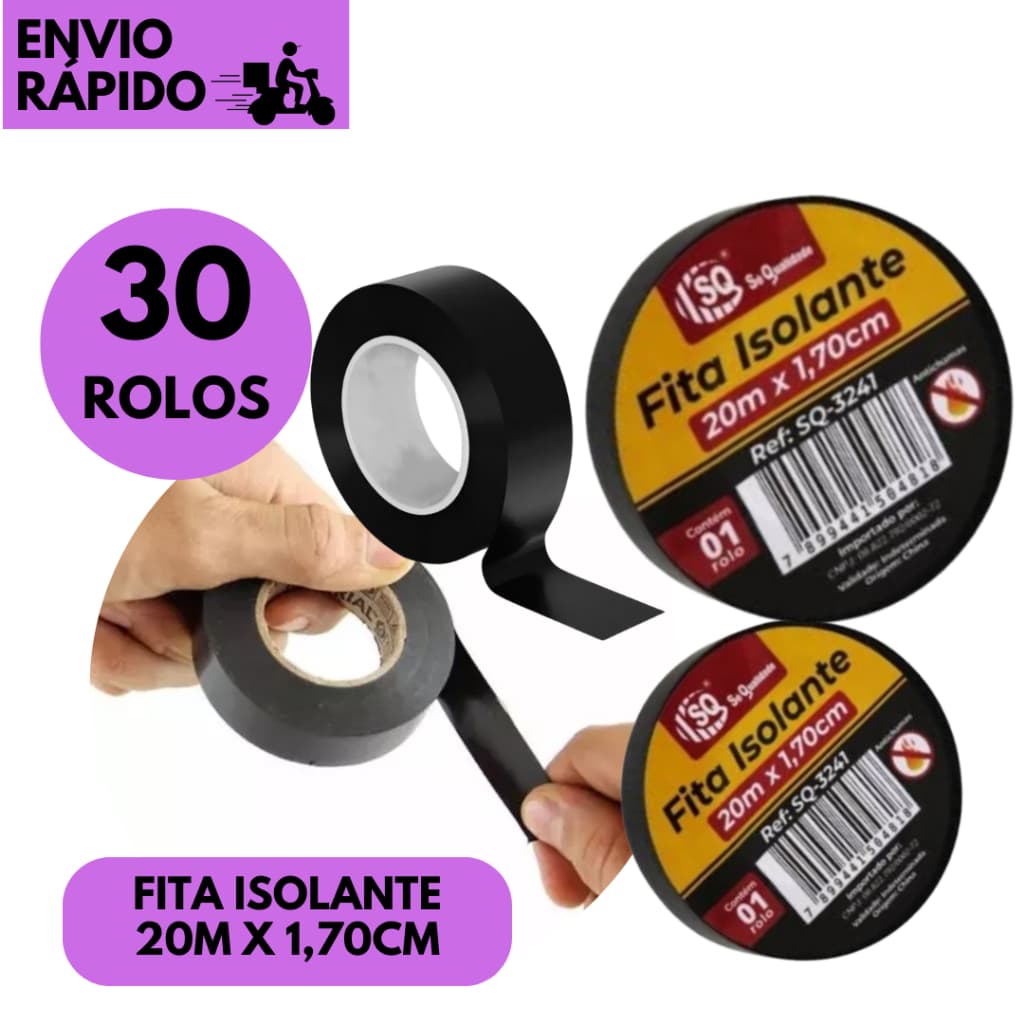 Kits 30/20 ou 10 Rolos Fita Isolante 20 Metros Preta 1,7mm Profissional Uso Elétrico Geral