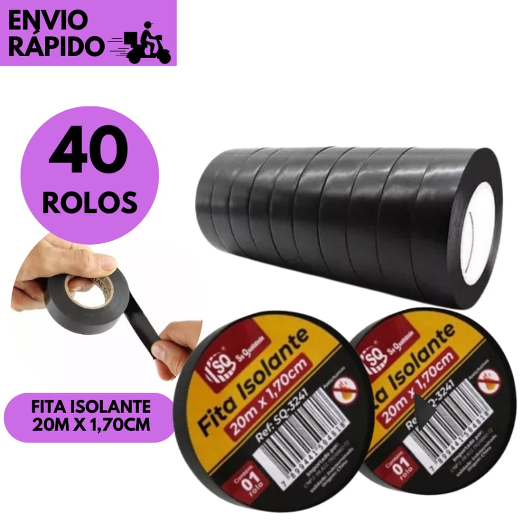 Kits 40/30 ou 20 Rolos Fita Isolante Preta 20m x 1,7mm Durável Elétrica Construção Fios e Cabos