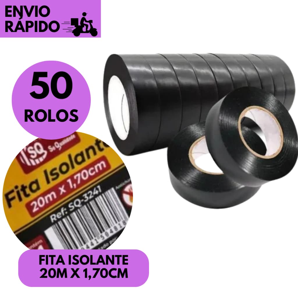 Kits 50/40/30 ou 20 Rolos Fita Isolante Elétrica Preta 20 Metros x 1,7mm Resistente Qualidade Elétri