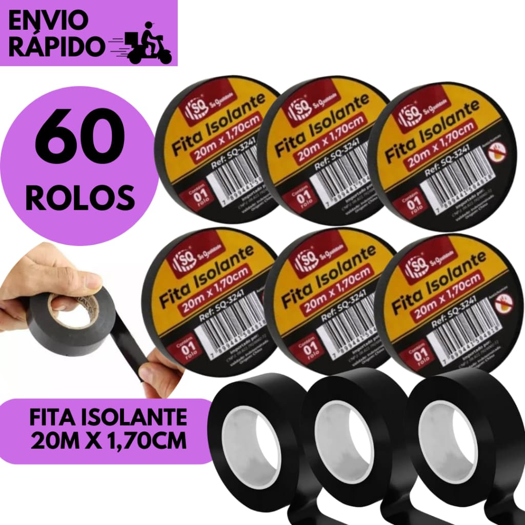 Kits 60/40/30 ou 20 Rolos Fita Isolante Preta 20m x 1,7mm Residencial Industrial Profissional Fixa