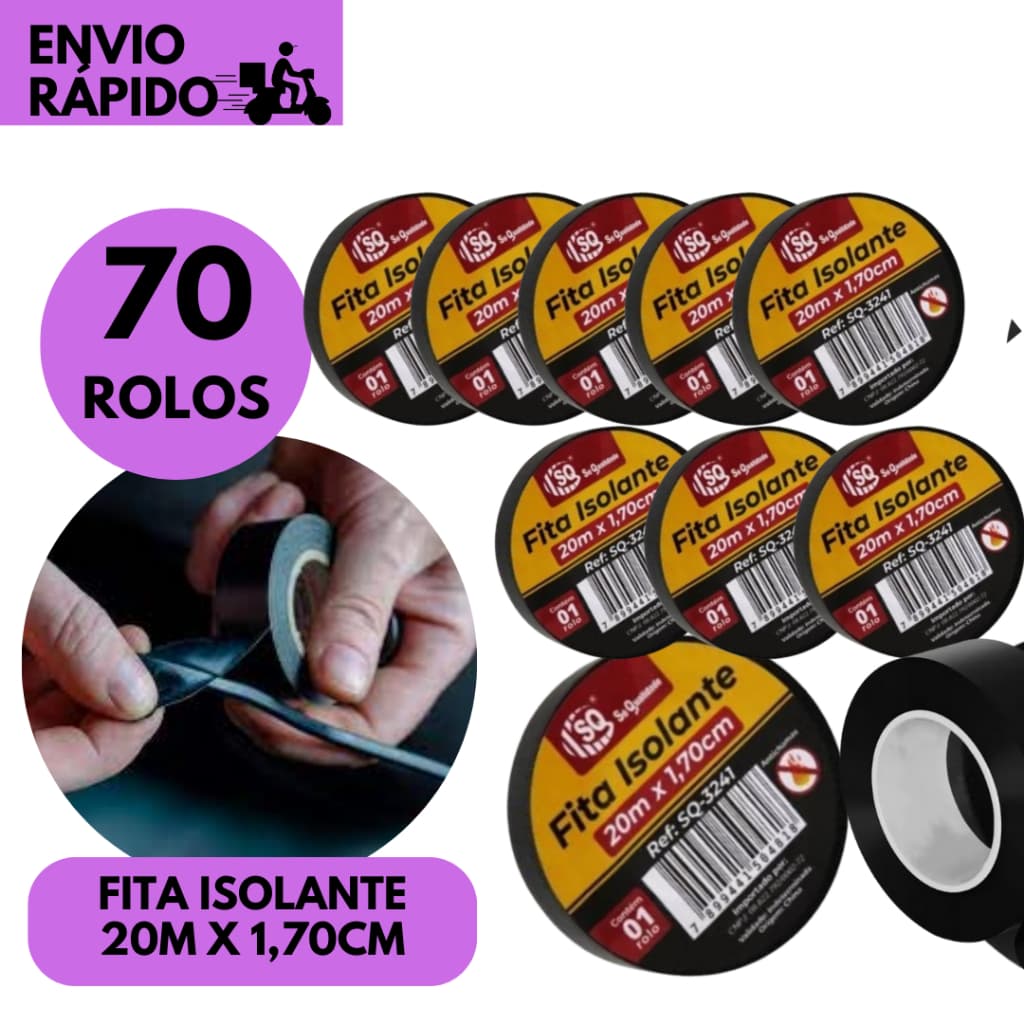 Kits 70/50/40 ou 30 Rolos Fita Isolante 20m Preta 1,7mm Forte Elétrica Construção Alta Fixação