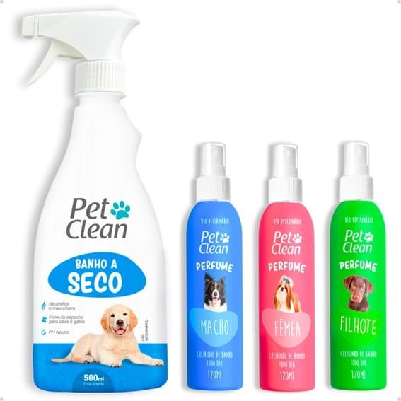 Banho a Seco Pet Clean 500ml + Perfume 120ml – Kit Banho e limpeza Sem Água para Cachorro e Gatos
