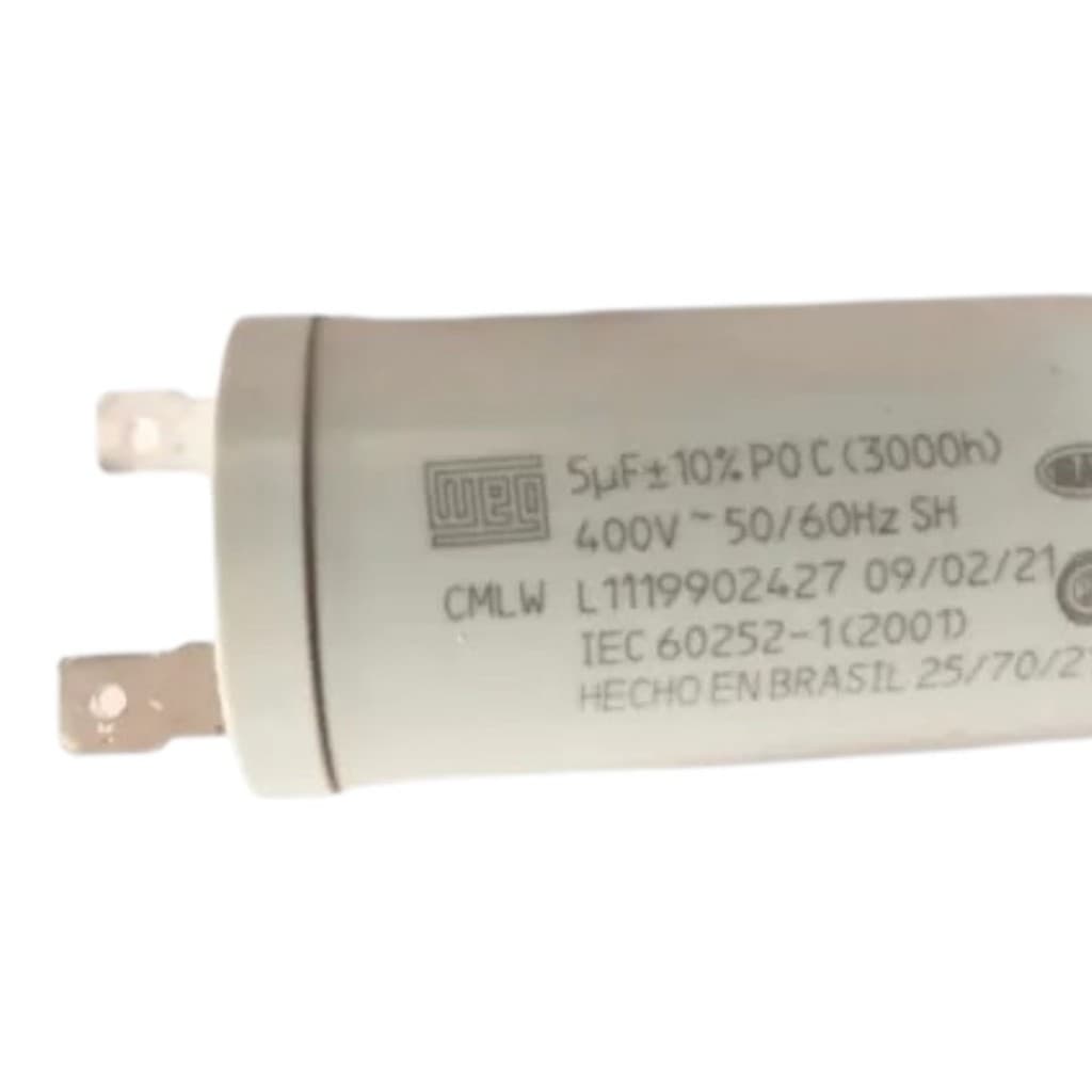 Capacitor PErmanente de partida 5uf +-10% 400v 3000h para partida em Maquinas de Lavar, Taquinhos, motores Eletricos