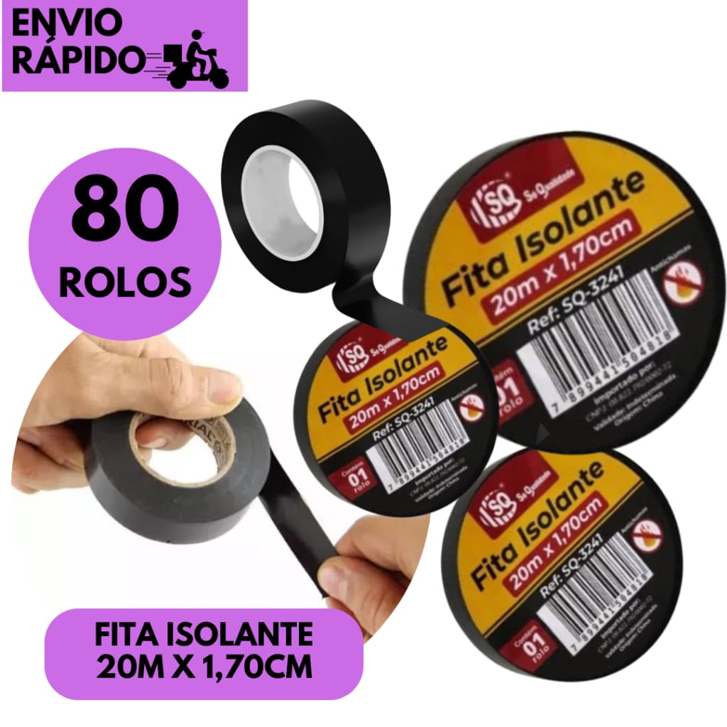 Kits 80/60/40 ou 30 Rolos Fita Isolante Preta 20 Metros Elétrica 1,7mm Profissional Alta Fixação
