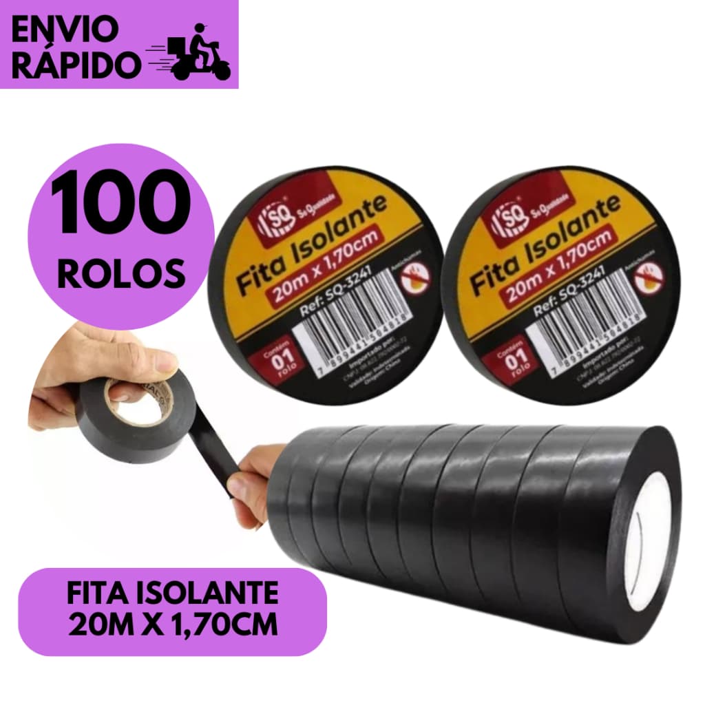 Kits 100/70/50 ou 40 Rolos Fita Isolante Preta 20 Metros Antichama Uso Elétrico e Geral Fios e Cabos