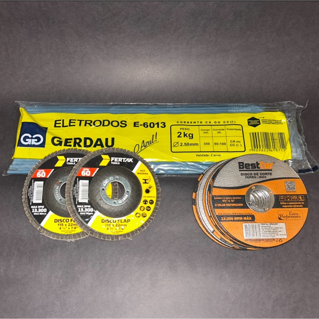 Eletrodos Gerdau Azul 2,5mm 1kg ou 2kg + Discos de Corte Bestfer + Discos Flap 60– Kit Solda e Corte