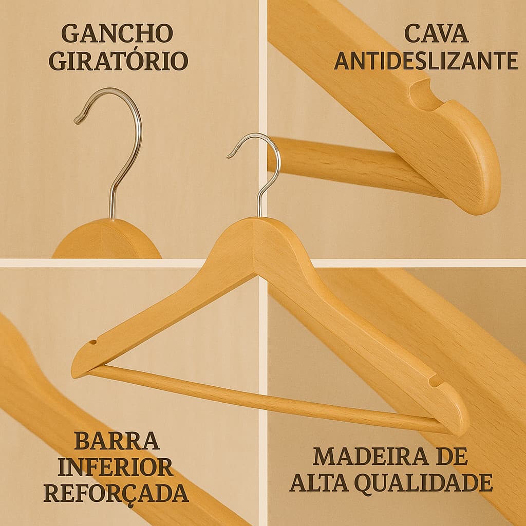 Conjunto Kit 6 Unidades Cabide Roupa De Madeira Marfim com Verniz Loja Casa Closet Arara