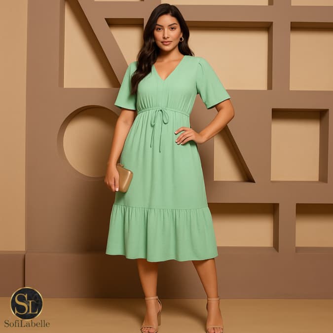 Vestido Midi Feminino Manga Curta Babado Cintura Ajustável Elegante Casual Festa Trabalho Verão 2026